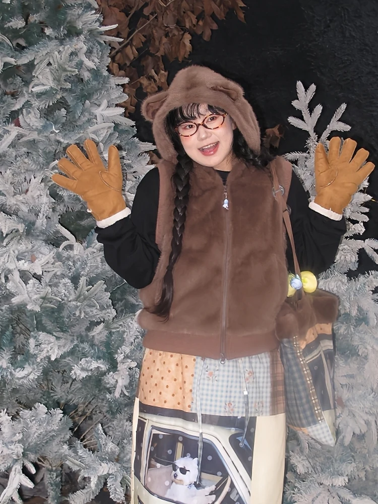 

AutumnOxygen плюс размер жилет с медведем Thi теплая верхняя одежда из искусственного меха синтетическое волокно длинное шелковое зимнее пальто для девочек