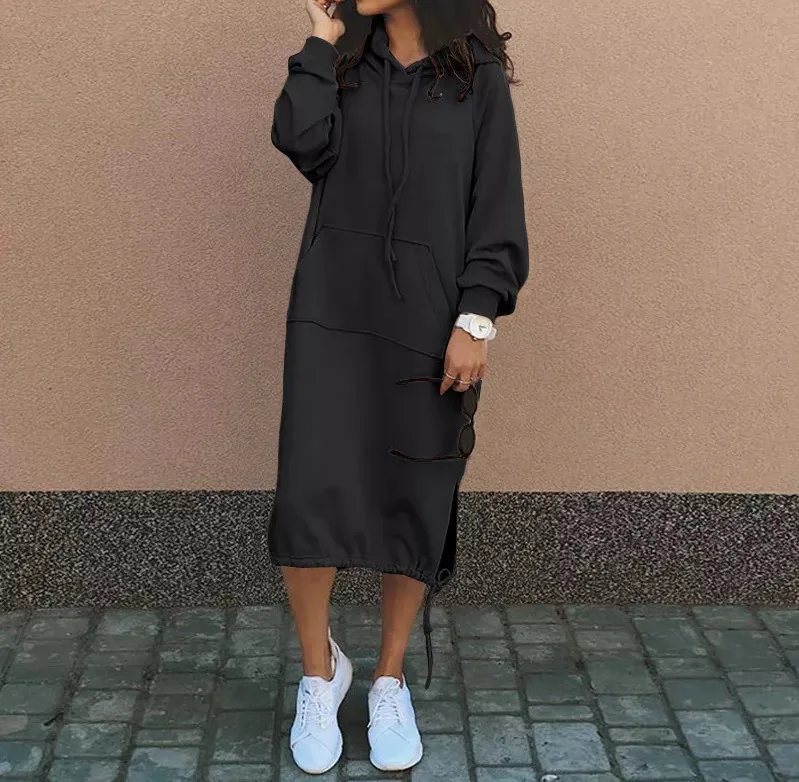 Damen locker geschnittenes, lässiges, mehrfarbiges Hoodie-Kleid mit langen Ärmeln, Kordelzug, Tasche und seitlichem Schlitz für den Alltag und zum Entspannen. – Detail 6