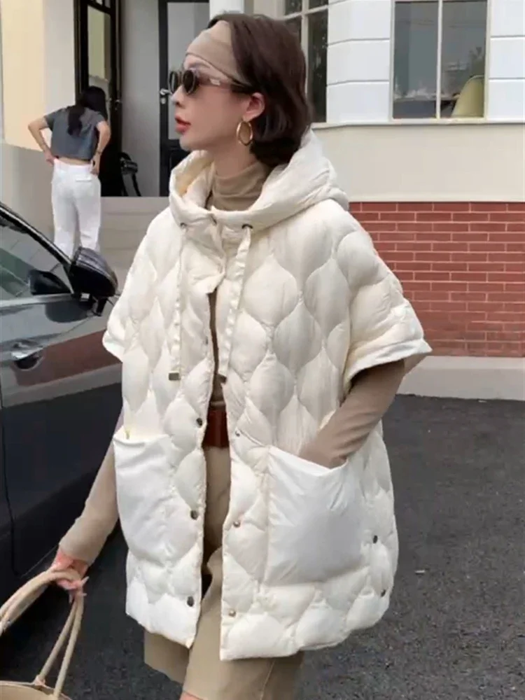 Frauen Weiße Ente Unten Lose Warme Weste Weibliche Einreiher Tasche Weste Outwears Herbst Winter Chic Feste Kapuze Unten Weste