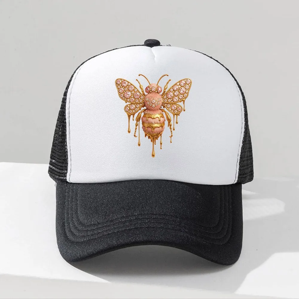 1pc, 'Adorable Bee Brooch with Pink And Golden Details Mesh Cap Adjustable Snapback Hat with Playful Cartoon