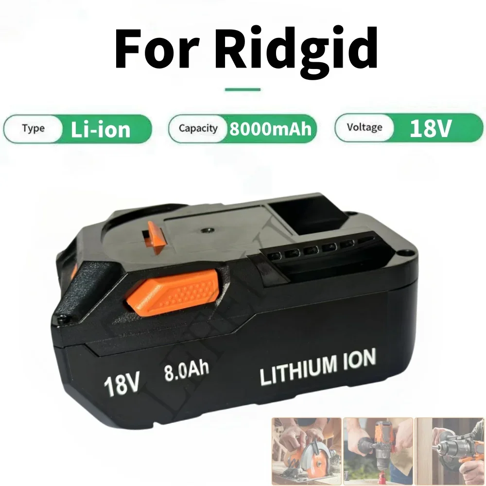 

18V Battery 8.0AH Lithium-Ion Battery For RIDGID R840087 R840085 L1815R L1850R L1830R R840083 Series Cordless Power Tool