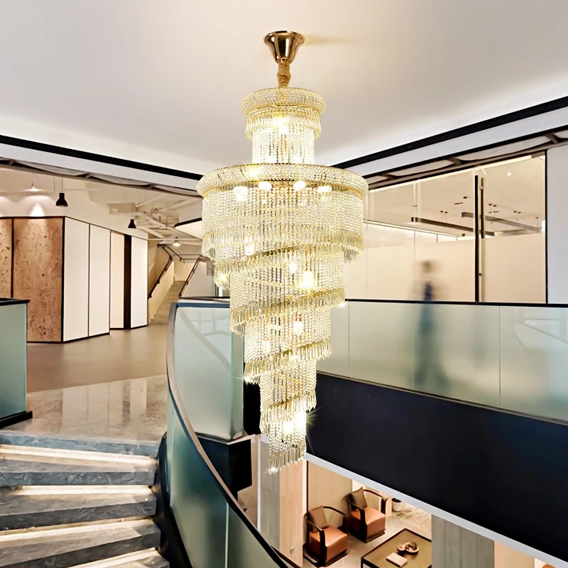 

Villa Duplex Building Spiral Staircase Intelligent three-color Light Crystal Long Chandelier High-end Sales Office Hall Light