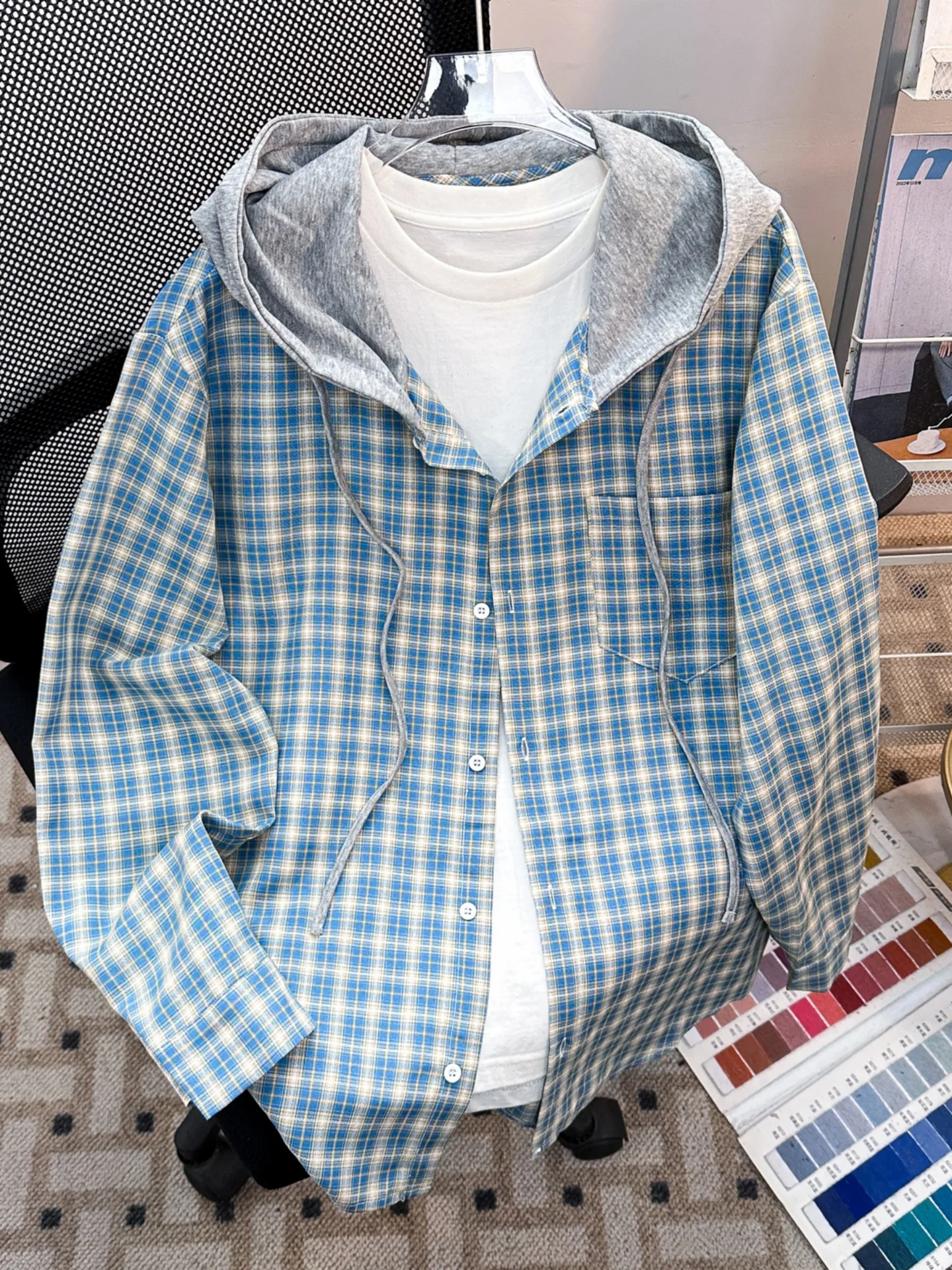Blue Plaid Hooded Shirt Jacket Fake Two-Piece Design Men's Women's Korean Style Lazy Checkered Blouse Loose Fit Long Sleeve
