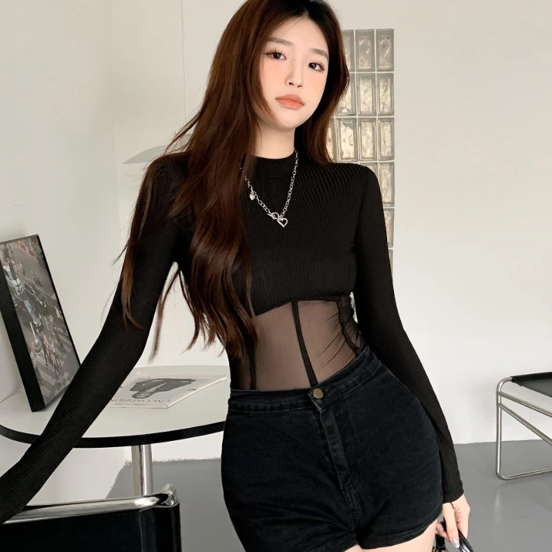 Long-sleeve T-shirts Women Summer Thin Gothic Sexy Slim Tops All-match Slouchy Attractive Sunscreen Daily Feminine Ulzzang New