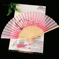 Chinese Japanese Silk Folding Fan Wooden Shank Classical Dance Fan High Quality Tassel Elegent Female Fan Home Decoration