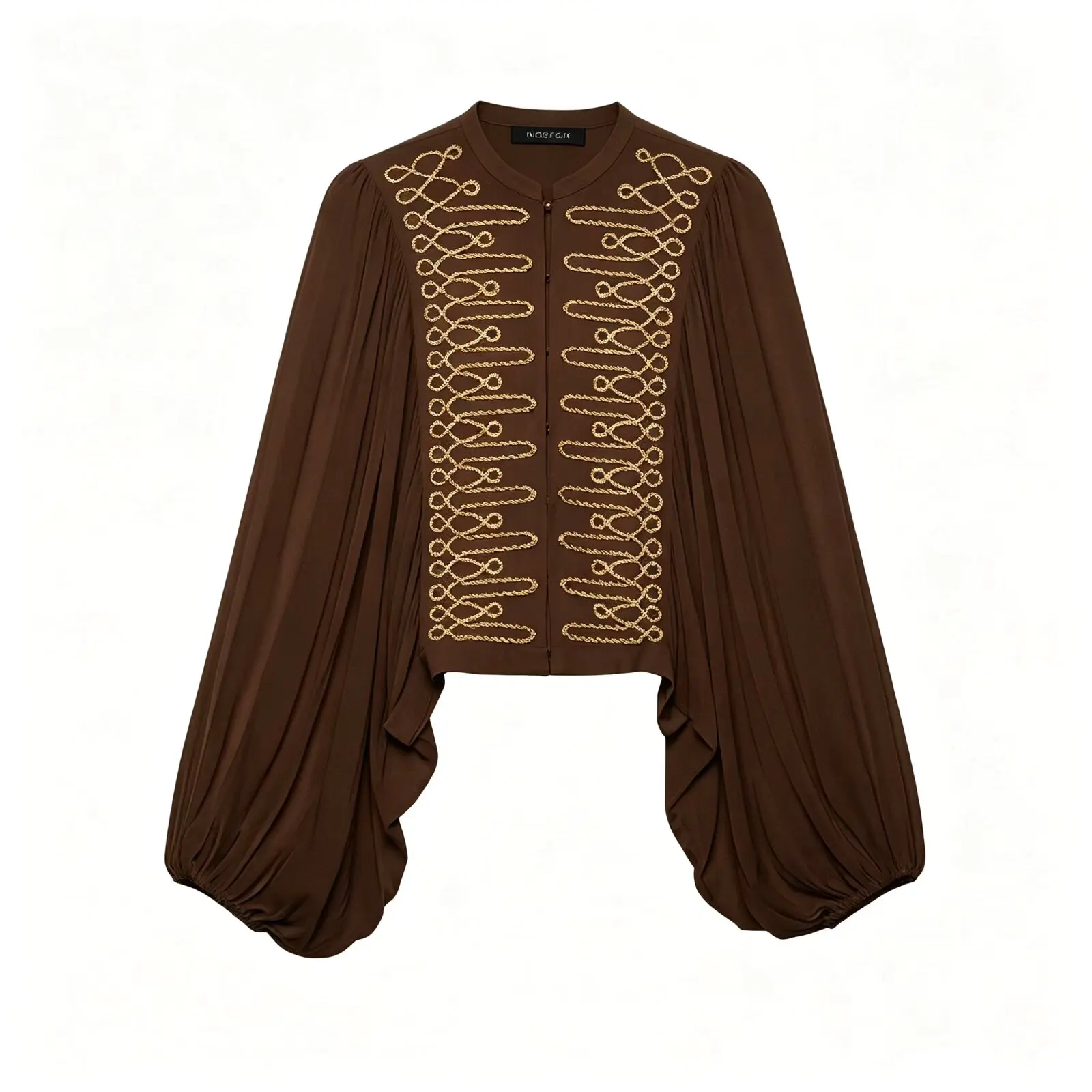 BSAY 2026 Autumn Women Elegant Party Romantic Rope Knot Embellished Blouse Stand Collar Lantern Long Sleeve Sheer Cropped Top