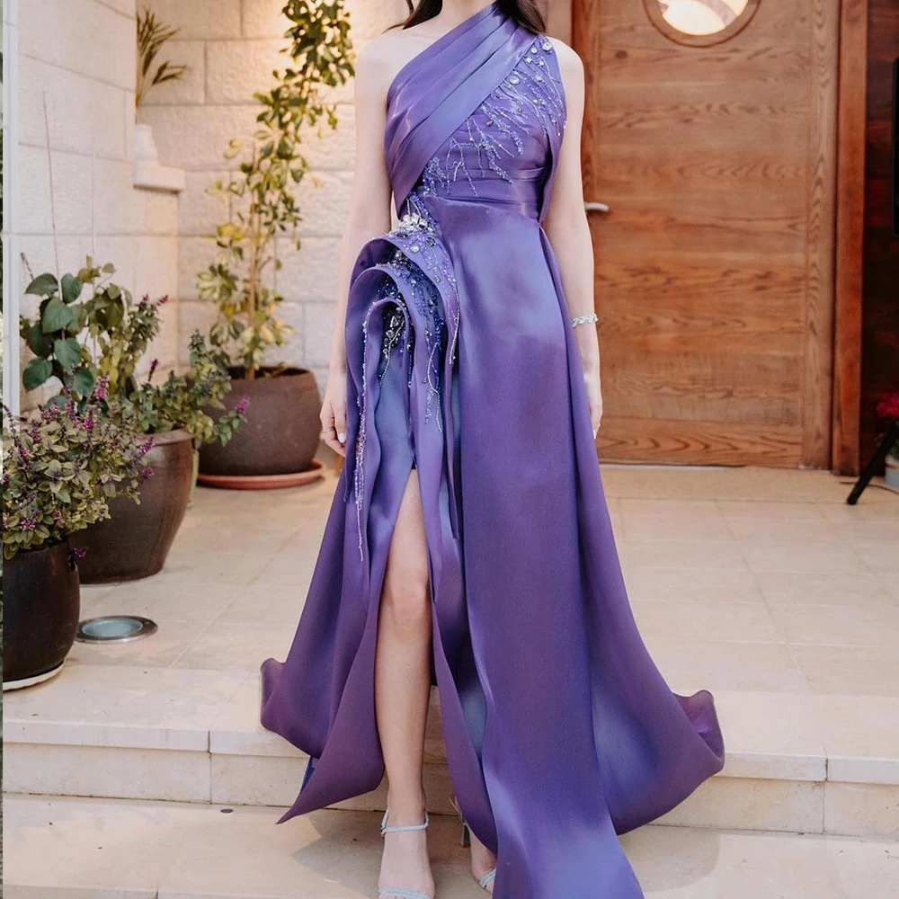 

Customized Exquisite Front Slit Sequined Beading Pleats Crystal One Shoulder Evening Dress Graceful A-Line Purple Party Gown