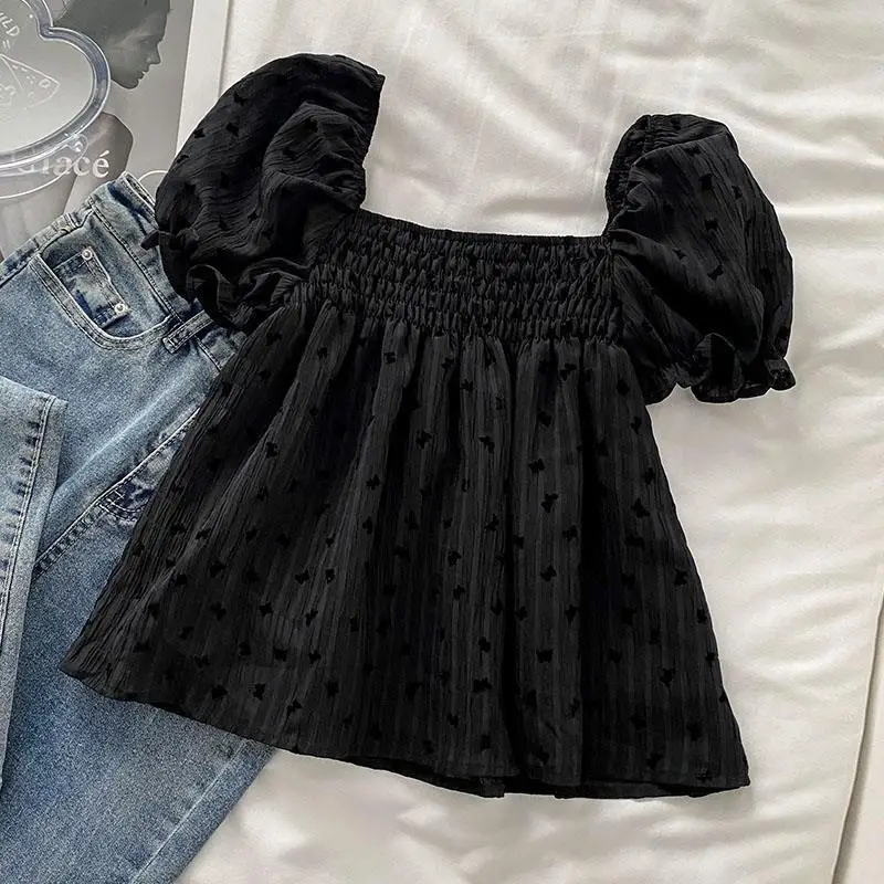 Blusas Vintage negras Chic para mujer, Blusas holgadas de manga abombada, sencillas y acogedoras a la moda, Blusas Ulzzang para mujer, Tops que combinan con todo