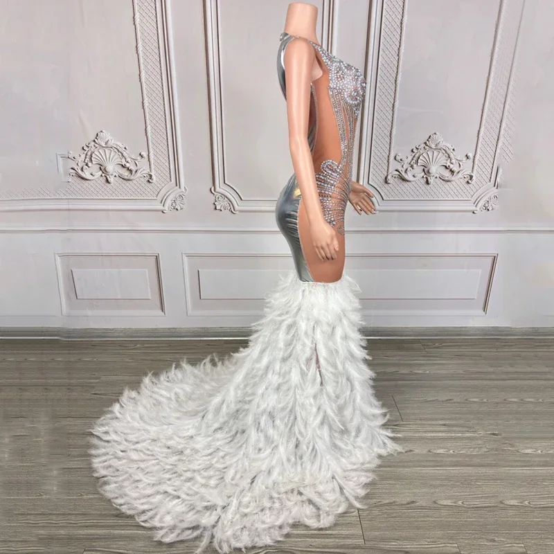 Sexy  Birthday Dress Mesh Rhinestones Wedding Gown Women Feather Stage Catwalk Outfit Celebrate Costume Evening Dresses