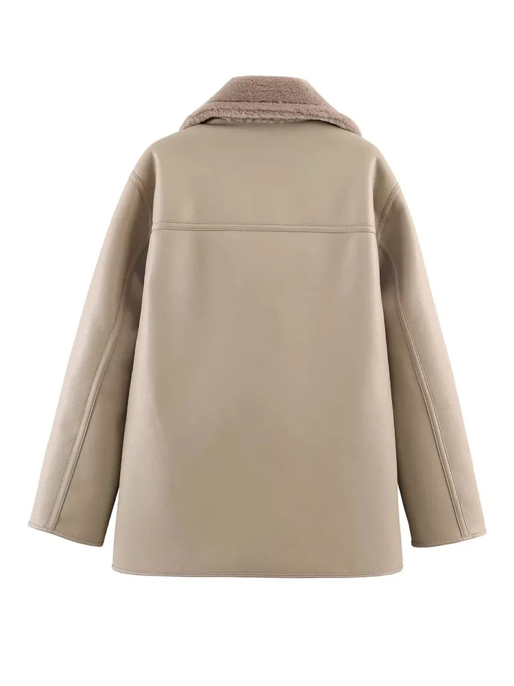 

HH Woman Winter Trendy Fashion Lapel Long Sleeves Double Breasted Pocket Decoration Reversible Coat Female Casual Keep Warm Coat