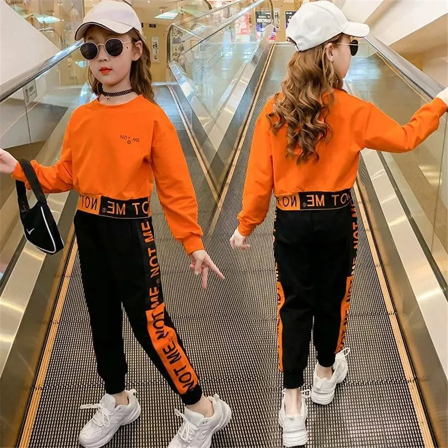 

2024 autumn Kids Girls Tracksuit Letter Long Sleeve Sweatsuit Teenager hoodie + striped pants Clothing Set 4 6 8 10 12 Years