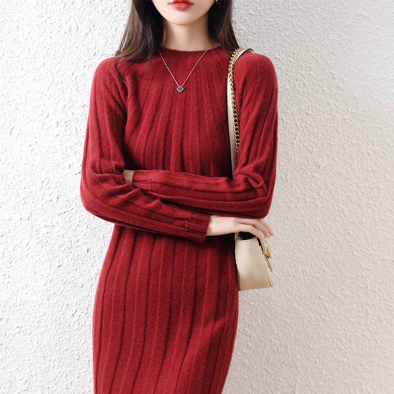 Autumn Winter 2022 New 100% Pure Wool Dress Women's Long Half High Neck Knee Length Slim Bottom Cashmere Sweater Dress Winter