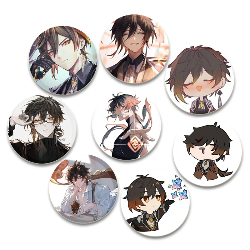 Anime Genshin Impact Badge Zhongli Cartoon Brooches on Backpack Clothes Handmade Round Enamel Pins for Jewelry Gift Accessories