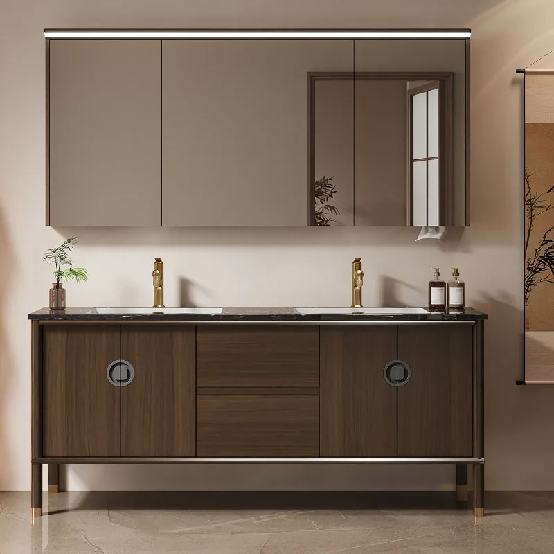 New Chinese luxury stone ceramic seamless basin double basin floor large size bathroom cabinet