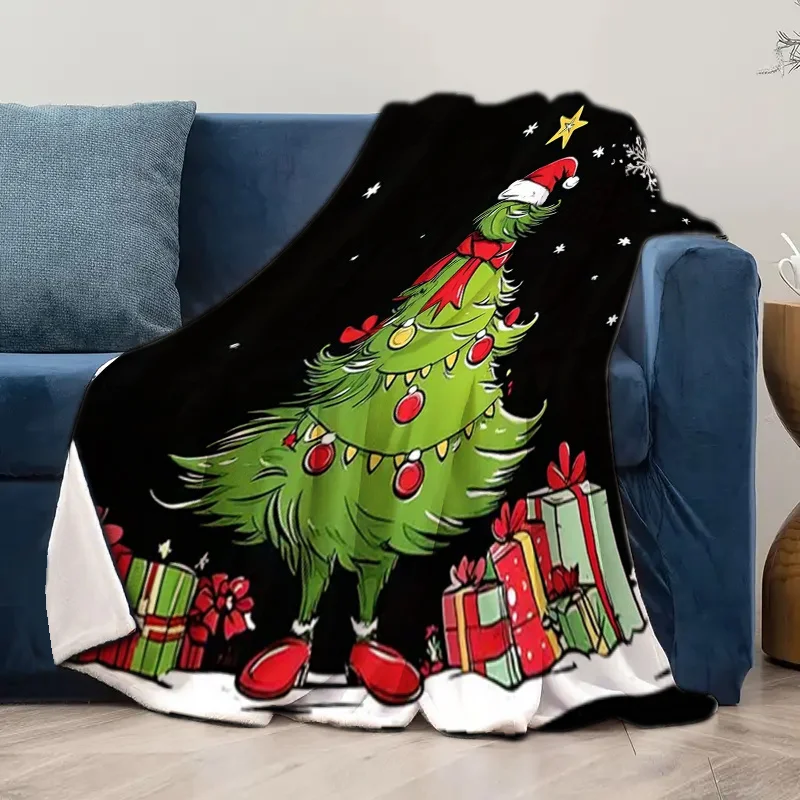 Christmas Tree Flannel Blanket, Green Festive Soft Throw, All Season Cozy for Sofa Office, Holiday Nap Companion Gift