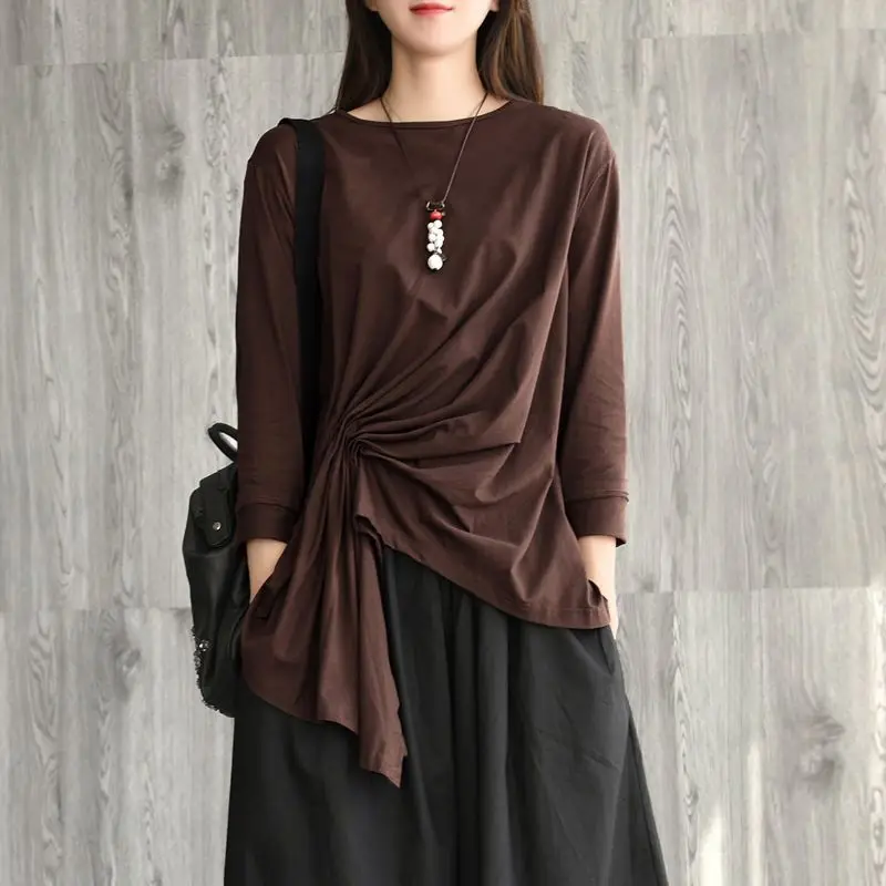 

Весенне-осенние новые повседневные пуловеры, универсальная асимметричная рубашка, модная блузка с круглым вырезом и свободными складками, нерегулярная блузка, женская одежда 2025