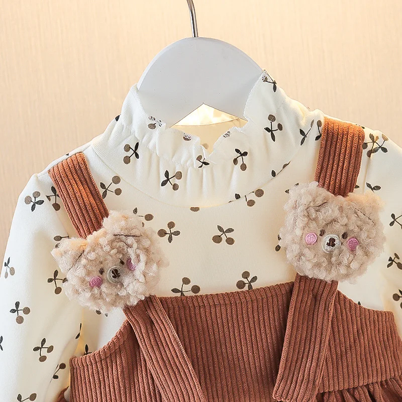 Spring and Autumn Cute Long Sleeve Girl Dress Girls\' Half High Collar Lace Floral Cartoon Bear Strap Dress Fake Two Piece Set