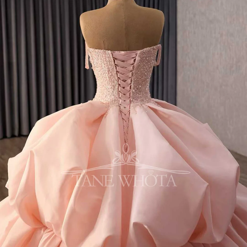 2026 فستان سهرة نسائي وردي قابل للتخصيص بدون حمالات عاري الكتفين برباط من الخلف فستان فاخر مطرز بالترتر #5