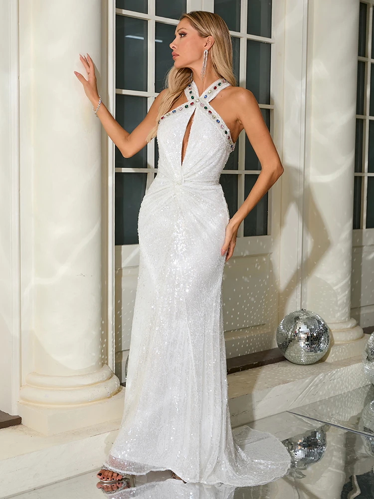 VC Asymmetrical Straps Crystal Cut Out Maxi Long Dress White Sequins Key Hole Backless Slim Mermaid Evening Party Gowns