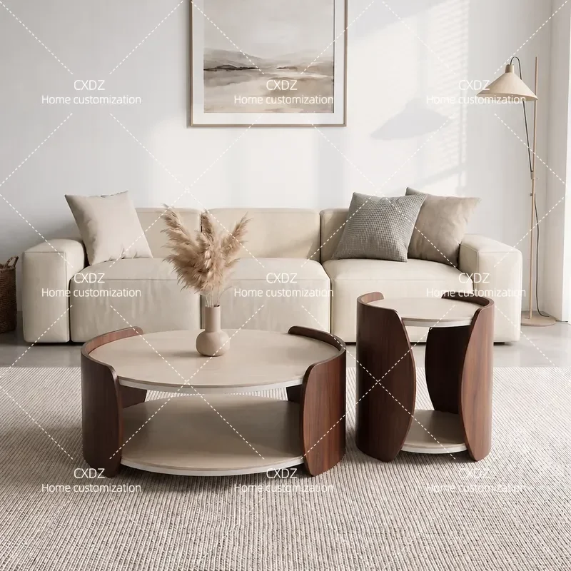 Retro Solid Wood and Travertine Rock Slab Coffee Table Round Medium Size with Ancient Wood Grain for Small Apartment Living