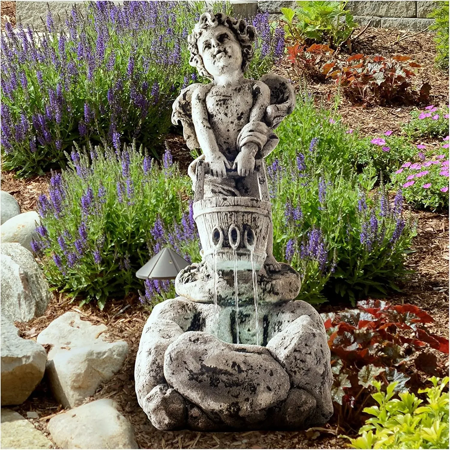 

Lighted Cherub Angel Fountain With Antique Stone Design for Decor on Patio, Lawn and Garden By Pure Garden