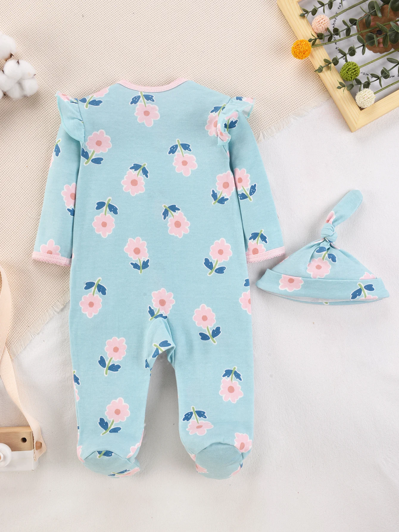 Cotton Light Blue Baby Romper with Flutter Sleeves Pink Flower Print Footed Onesie Matching Hat for Newborn Girls All Season