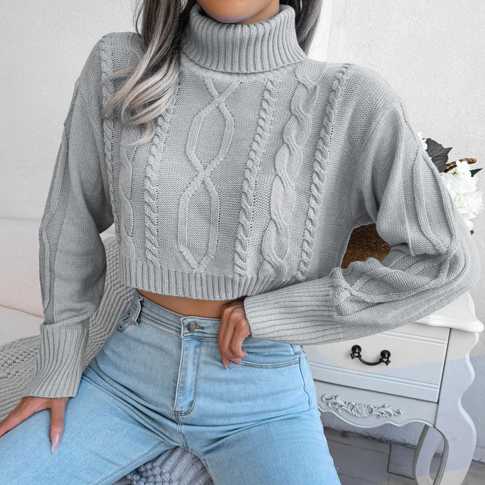 Twist Knit Crop Sweater Women Pullovers Autumn Winter Fashion Long Sleeve Fried Dough Twisted Turtleneck Pullover Female Jumpers