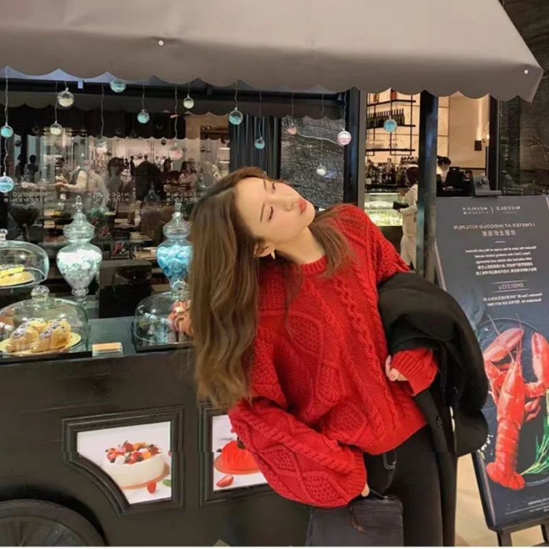 المرأة الياقة المستديرة سترة 100% ميرينو كنزة صوفية من الصوف الخريف الشتاء طويلة الأكمام الإناث فضفاضة الصوف تريكو بلوزات على الموضة #3