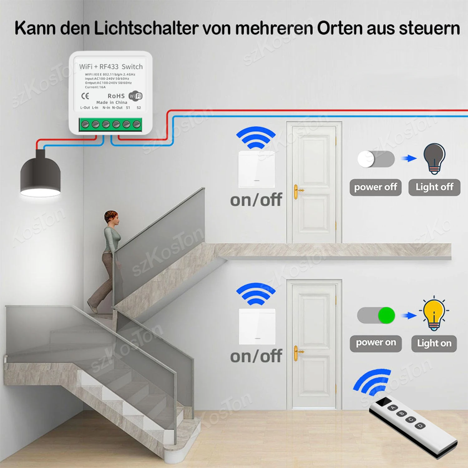 Смарт-выключатель Tuya RF433 с Wi-Fi, 16 А, 1/2/3 клавиши