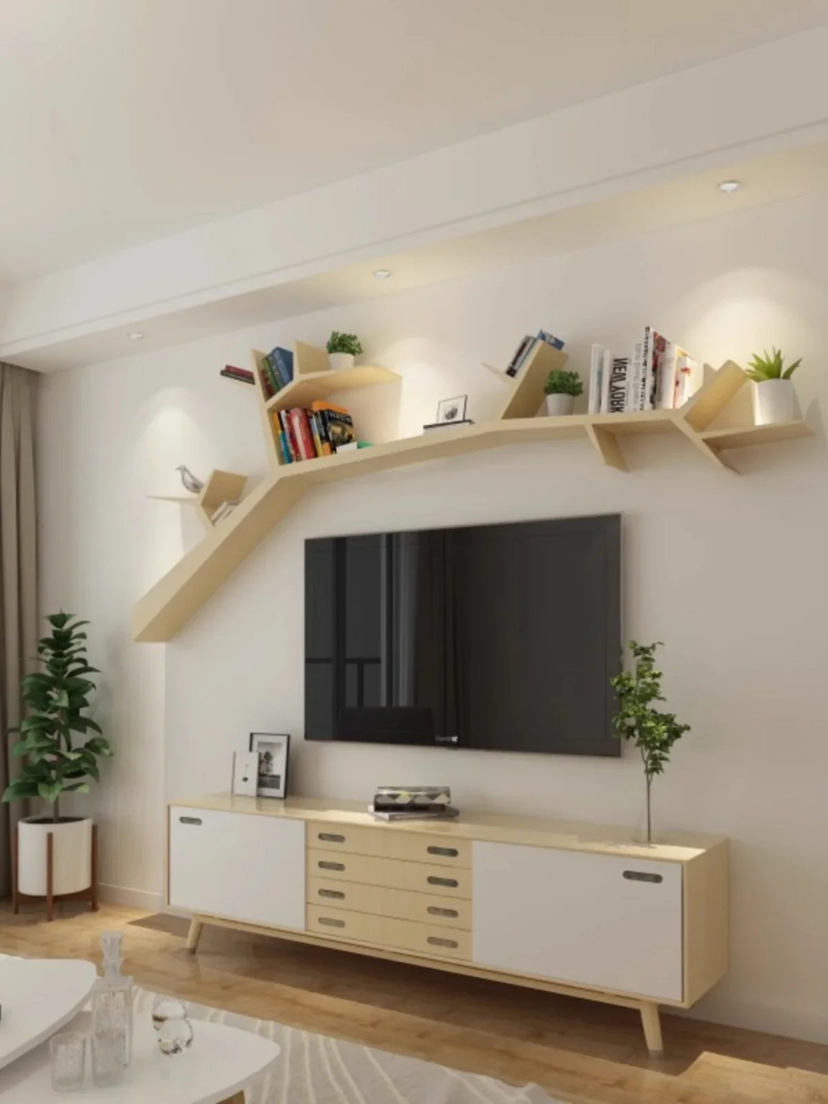 Creative solid wood art tree bookshelf living room TV sofa background wall decorative shelf  bookcase