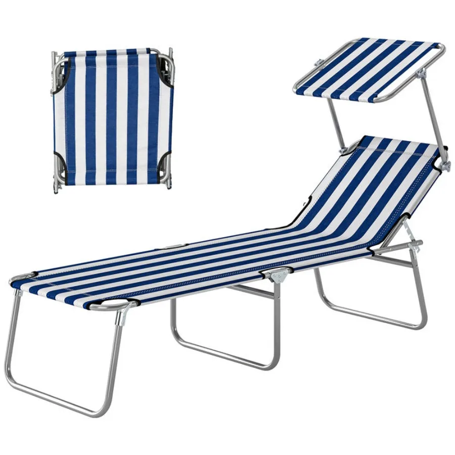 

Outdoor Pool Chaise Lounge Chair, Folding Tanning Chair with Sun Shade, Blue and White