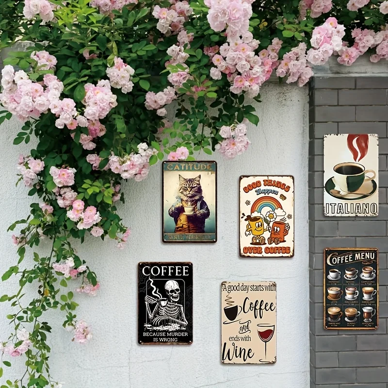 6pcs of Coffee Metal Tin Signs, Classic Coffee Poster Wall Decoration, Retro Wrought Iron Coffee Cup Hanging Painting, Coffee Ba