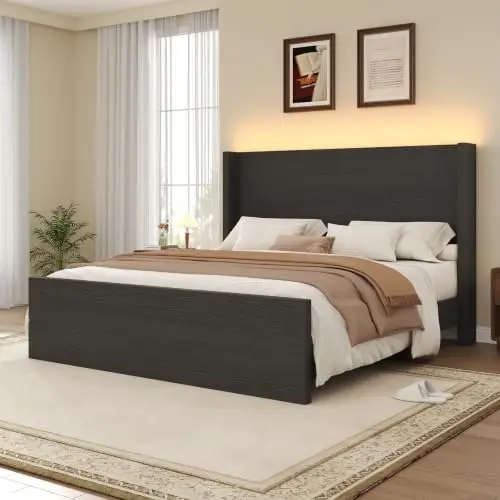 Queen Size Bed Frame with Headboard and LED Lights, Mid Century Modern Platform Bed with Wingback Headboard and