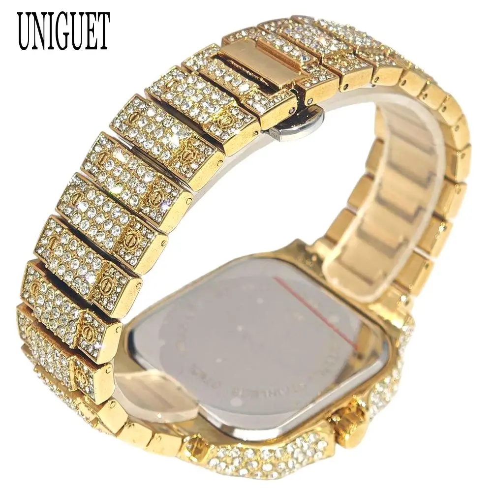 UNIGUET Gold Iced Watches Men Luxury Stainless Steel Quartz Watch Man Fashion Hip Hop Diamond Square Wristwatch 2026 Hot Sale