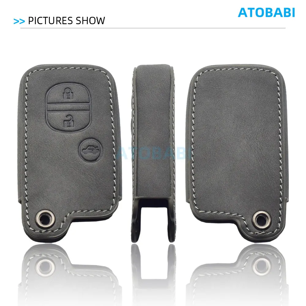 Graue Leder-Autoschlüsselhülle für Toyota 2015 2016 2017, Land Cruiser Prado Avensis Highlander Camry Vitz, Fernbedienung, Schutzhülle – Detail 4