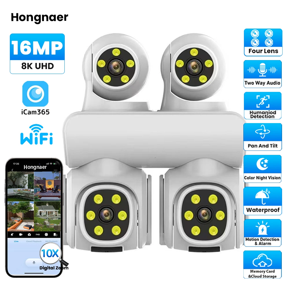 

Hongnaer 16MP 8K ICam365 Four Lens WiFi Two Way Audio Waterproof Outdoor Smart CCTV IP PTZ Home Security CCTV Wireless Camera