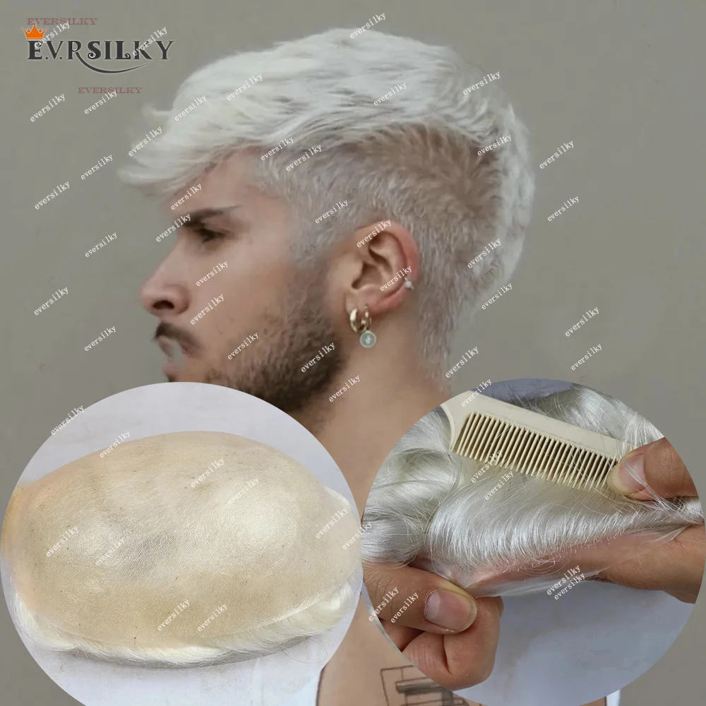 0.03mm Super Ultra Thin Skin Natural Hairline Platinum Blonde Toupee 100% Human Wigs VLoop Hairpiece Replacement Male Prosthesis