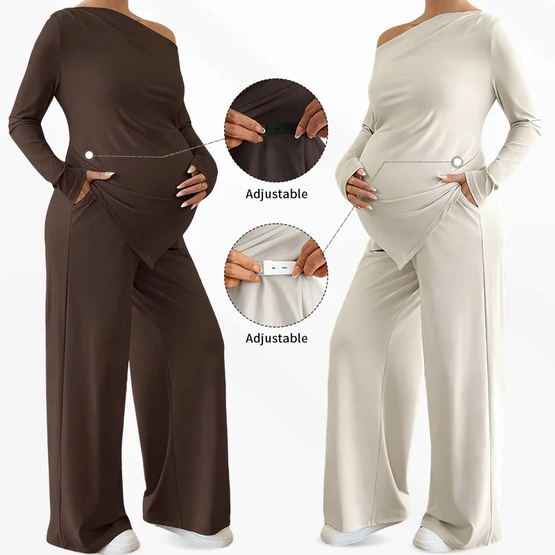 Maternity Pregnant Women Clothing Sets Solid Long Sleeve One-shoulder Irregular Hem Tops + Pants Spring Casual Pregnancy Outfit - view 5