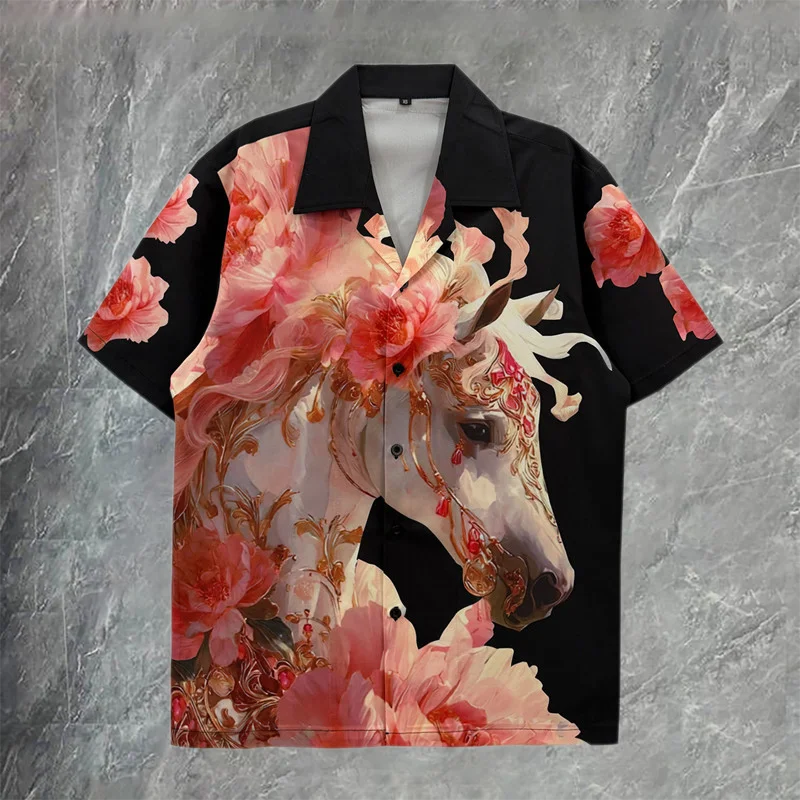 

Horse Print Shirts Men Korean Casual Shirt Stage Outfit Print Shirt Party 2006 Men Clothing Camisa Social Masculina Flower Shirt
