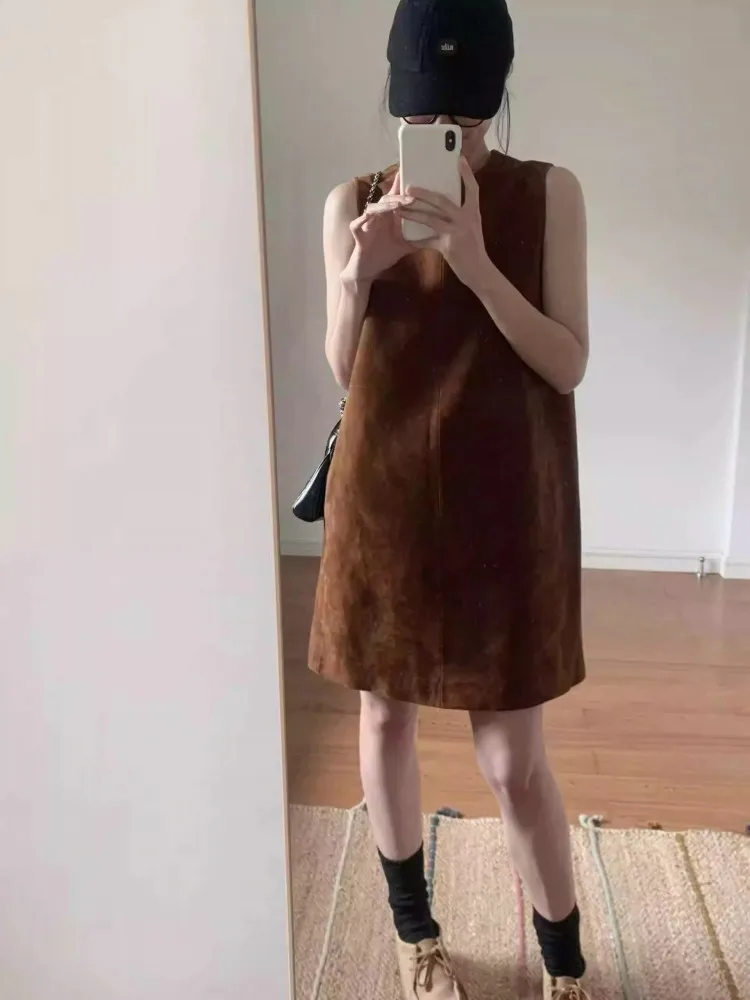 Vrouwen lederen jurk casual mouwloze O-hals suède schapenvacht korte jurken losse pasvorm mode dames trui tankjurk