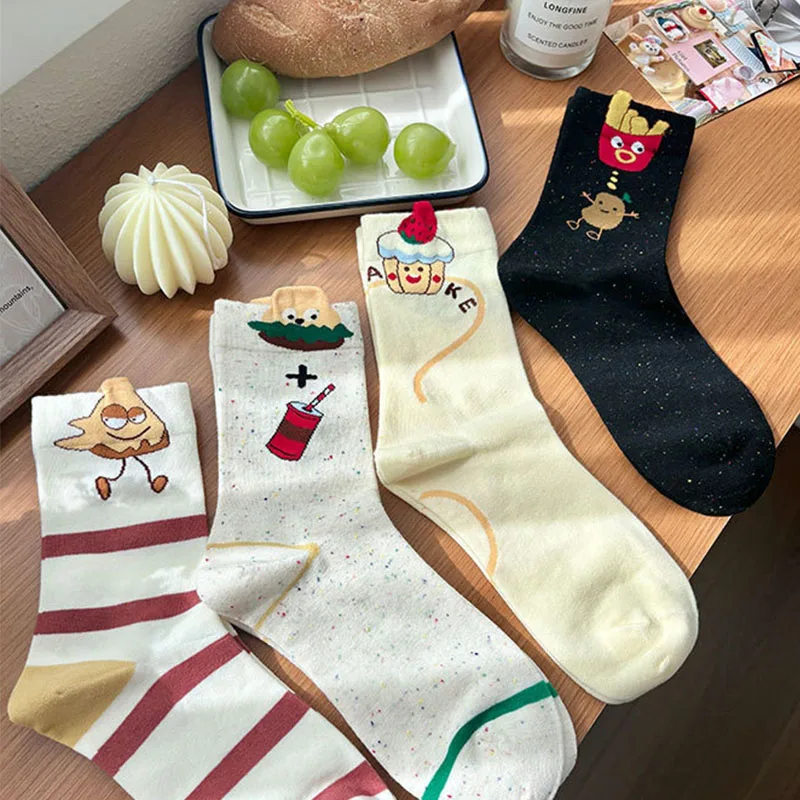 Women's Socks Funny Love Kawaii Middle Tube Socks Spring Autumn Cartoon Personality Chips Coke Stripes Fashion Interesting Socks