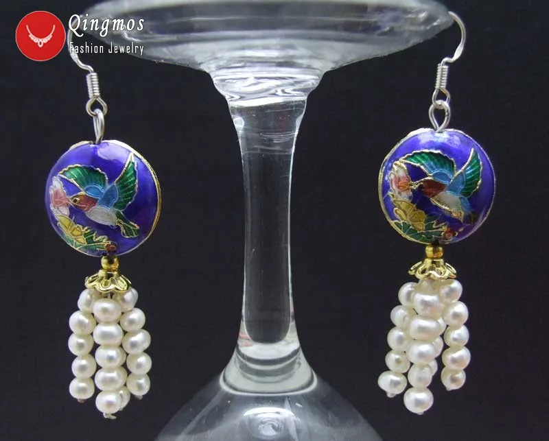 

Qingmos Trendy 4-5mm Natural White Pearl Earring for Women with Blue Cloisonne Earring Hummer Dangle Earring 2.5'' ear522
