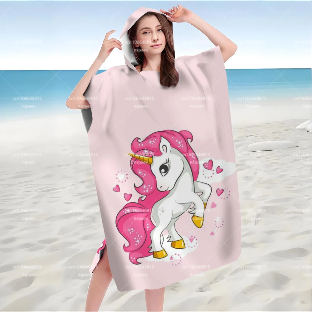 Parent-Child Pink Unicorn Print Hooded Bathrobe, Quick Dry Wearable Towel Poncho for Beach Swim Pool view 4