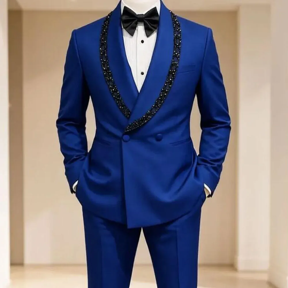 Double Breasted 2 Pieces Wedding Attire Slim Fit Separates Mix Match Luxury Beaded Lapel Suits for Men Stage Formal Groom Tuxedo