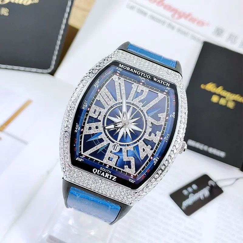 Mobangtuo Men Women Unisex Quartz Watch Reloj Tonneau Diamond Iced Out Hip Hop Man Watches Male Luxury Dial Ladies Wristwatch