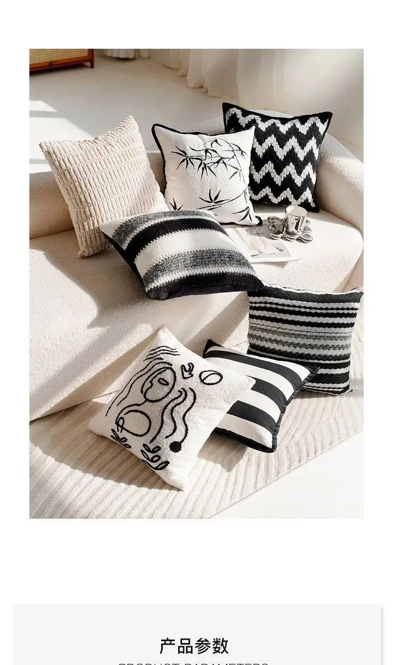 Schwarz-weiße luxuriöse Vintage-Kissenbezüge mit Stickerei, moderne Chenille-Kissenbezüge aus weichem Kunstfell, dekorative Kissenhüllen für Sofa- und Bettdekoration – Detail 2