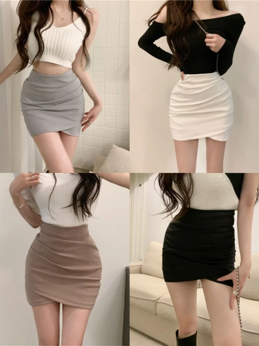 Hot Girl Black Asymmetrical Pleated Bodycon  Skirt Women's High Waist Slimming Short A-Line Skirt Spring Fashion