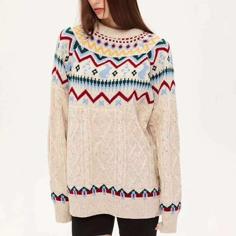 2024Y2K Autumn/Winter Ethnic Style New Casual Top Knitted Sweater Splicing Ethnic Clothing Sweater Top Warm Cartoon Sweater Fash