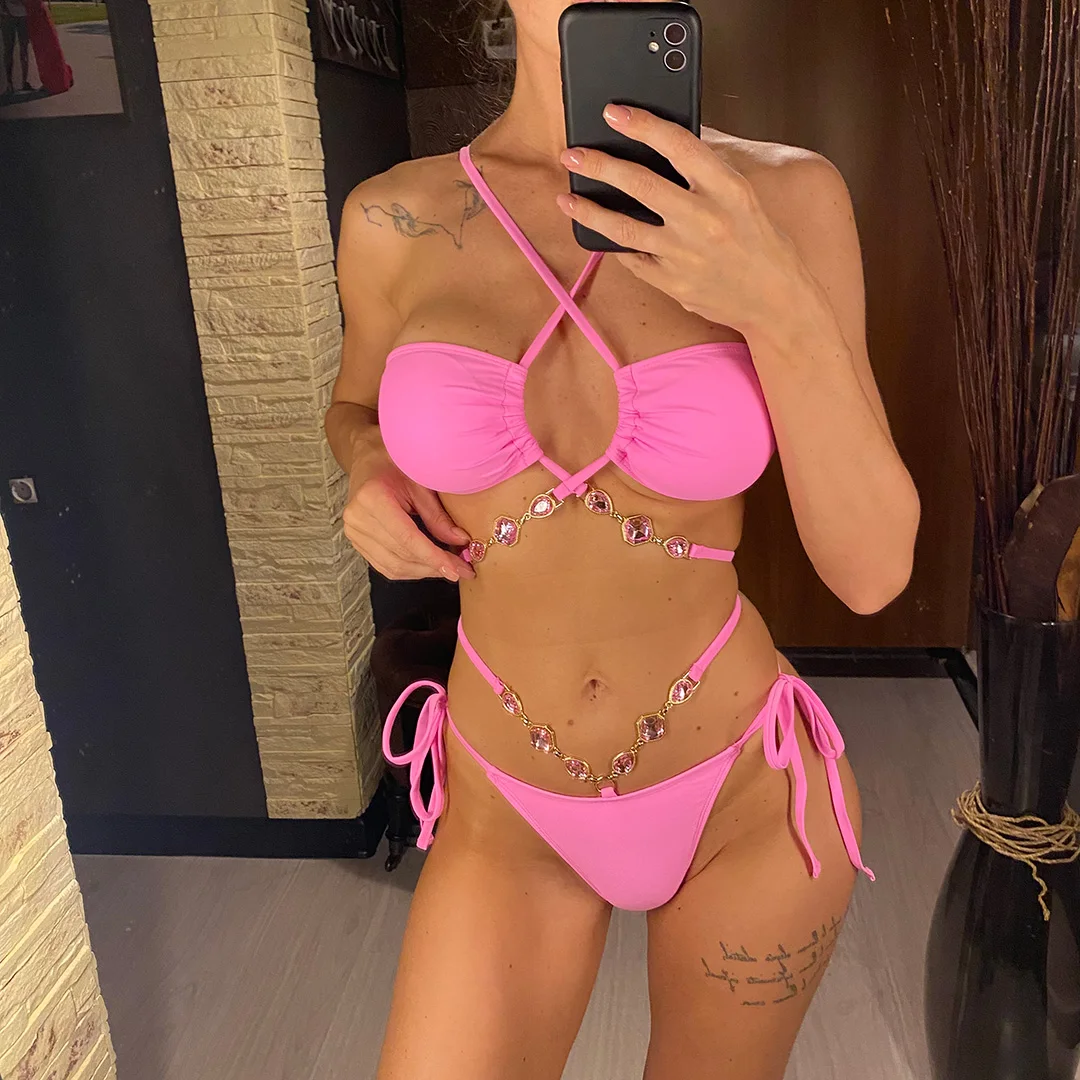 Sexy Bikini mit Diamant-Strasssteinen, Wickel-Bikini, Damen-Badeanzug, zweiteiliges Bikini-Set, Badebekleidung, Badeanzug, Schwimmbekleidung V5167 – Detail 7