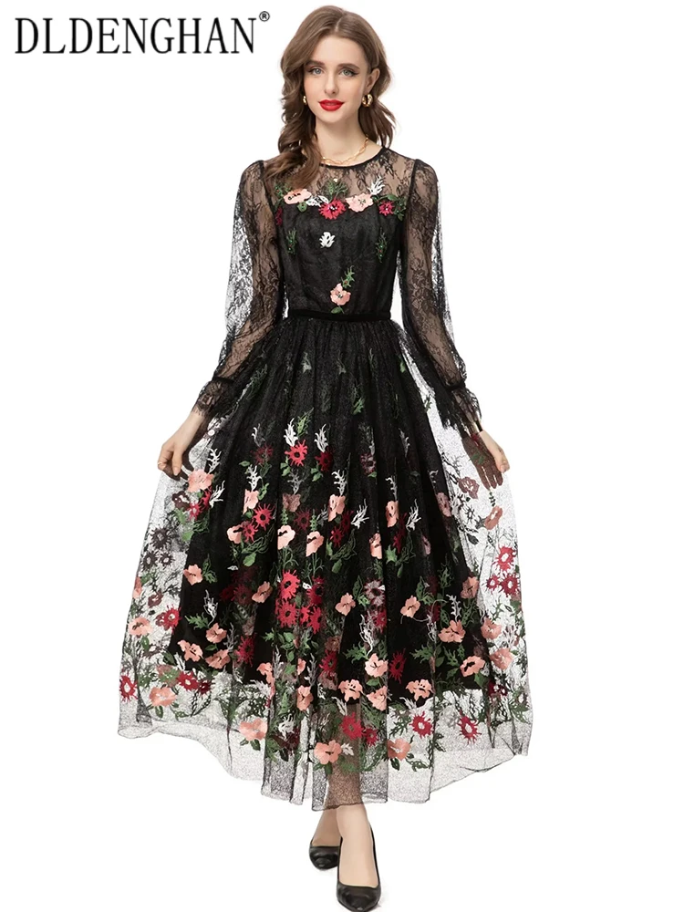 

DLDENGHAN Spring Lace Dress Women O-Neck Lantern Sleeve Crystal Floral Embroidery Black Elegant Party Long Dress Designer New